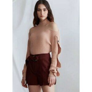 N12H Gigi Mock Neck Shoulder Cut Out Rib Knit Sweater Size XS in Dusty Rose NWT!